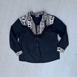 Vintage Western Fringe Blouse Black southwestern Aztec Button Up Top Cowgirl